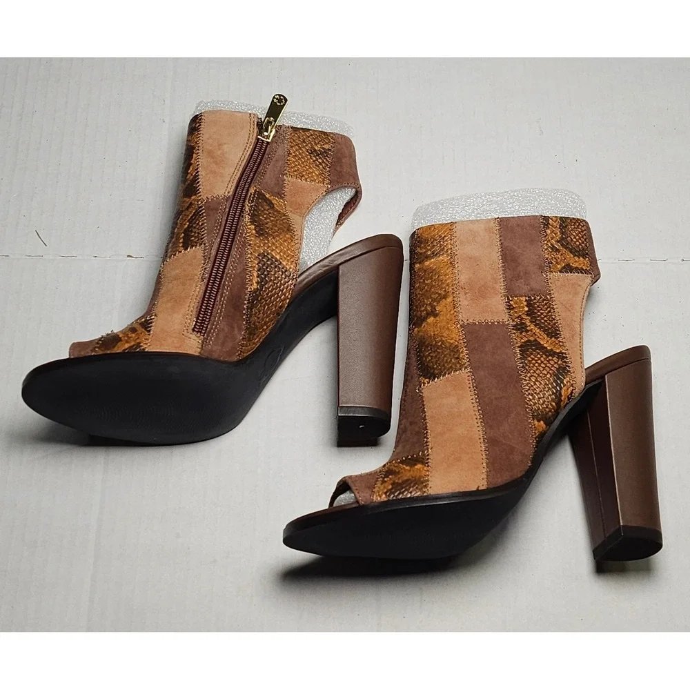 C‎ Wonder Ivy Tan Brown Patchwork Snakeskin Suede Peep Toe Block Heel Booties 5M
